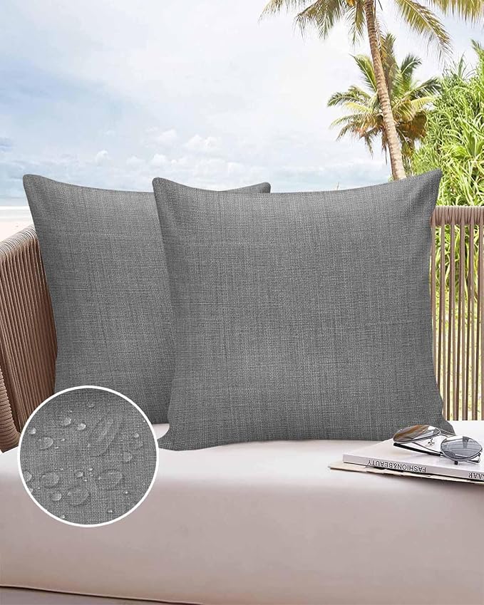 Vandarllin Outdoor Throw Pillows Covers 20x20 inch Set of 2 Waterproof Grey Linen Decorative Zippered Cushion Covers for Patio Furniture, Farmhouse Pure Color Lumbar Pillowcases