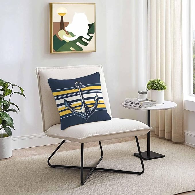 Vintage Anchor Outdoor Waterproof Pillow Covers Set of 2, Yellow Blue Striped Pillowcase Decorative Throw Cushion Cases for Patio Garden Couch 18 x 18 Inches