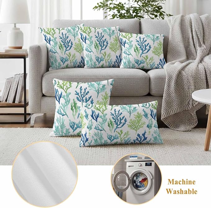 Ocean Teal Outdoor Waterproof Throw Pillow Covers Set of 2, 18"x18", Blue Green Coral Underwater Garden Coastal Decorative Pillow Covers Outside Cushion Case for Patio Porch Garden