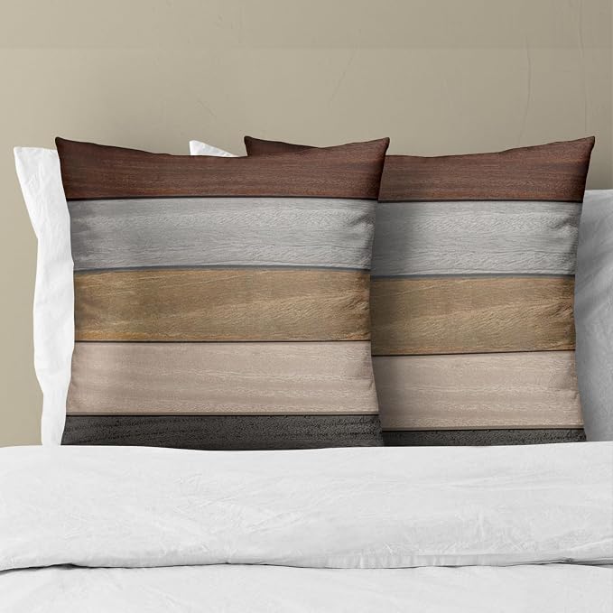 Brown Grey Wooden Pillow Covers 18 x 18 Set of 2, Rustic Wood Board Plank Soft Decorative Throw Pillow Cushion Cover for Couch Sofa Indoor Outdoor Home Decoration