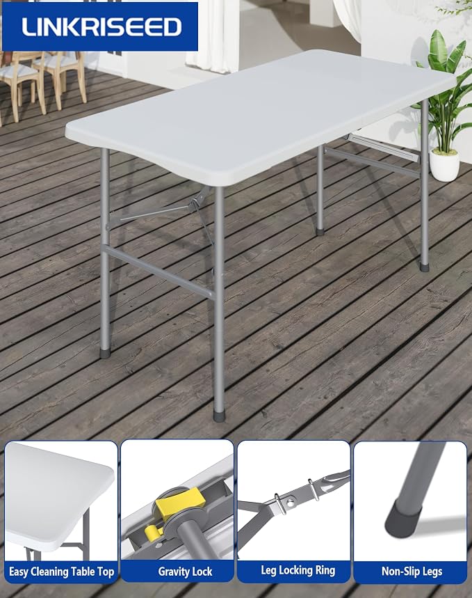 4FT White Folding Table for Outdoor, 4 Foot Picnic Tables No Assembly Required Portable, White Foldable Table for Camping, Parties, Meeting, Events, Wedding, BBQ, with Carrying Handle