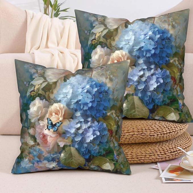 Vintage Rose Hydrangea Pillow Covers Oil Painting Floral Throw Pillow Covers Spring Summer Pillow Case 20x20 Blue Pink Flowers Cushion Case for Living Room Couch Sofa Set of 2