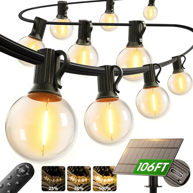 addlon 100FT Solar String Lights Outdoor with Remote, 54 LED Shatterproof | USB Charging, 20+ Hour Runtime, Dimmable & Timable, G40 Waterproof Solar Lights for Outside Backyard Patio Garden Decor