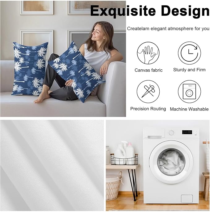Lumbar Pillow Covers 20x12 Inch Set of 2, Tropical Palm Tree Waterproof Outdoor Pillow Covers, Navy Blue White Plants Coastal Leaf Decorative Cushion Pillowcases for Couch, Sofa, Bed, Garden, Patio