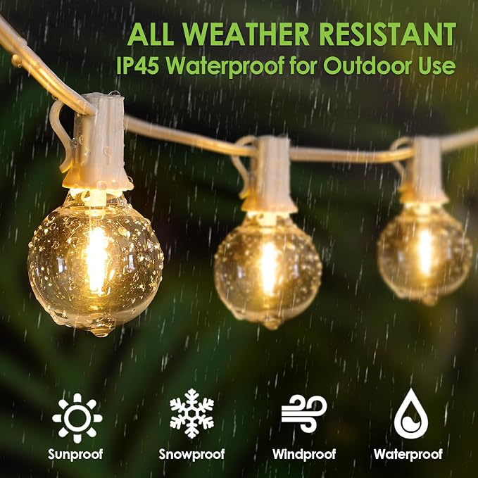 200Ft(2x100Ft) LED Outdoor String Lights, Dimmable G40 Globe Patio Lights with 100+5 2700K Waterproof Bulbs for Balcony-White Cord 2 Pack