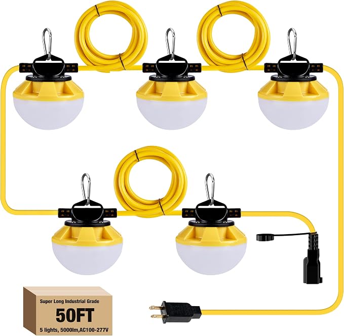 LED Construction String Light 50FT, 50W 6000Lm,18AWG Wire,5000K Linkable String Work Lights with 5 Bulbs & Hooks, Industrial Temporary Lighting for Construction Site, Crawl Space,Job Site,Attic