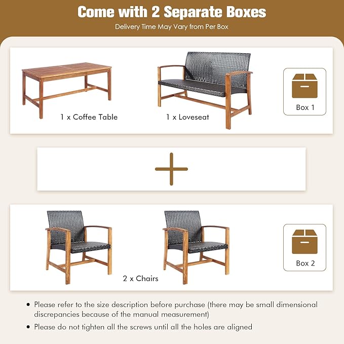 HAPPYGRILL 4 Pieces Patio Furniture Set Outdoor Patio Conversation Set with Coffee Table Loveseat Armchairs, Solid Acacia Wood, PE Wicker Surface, Modern Chat Set for Deck Poolside and Backyard
