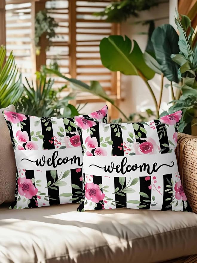 Outdoor Waterproof Throw Pillows Welcome Words Pink Flowers Patio Pillows Pack of 2,Decorative Pillow Covers with Insert,Pillow Cushion Case for Garden Couch Sofa Country Black Line