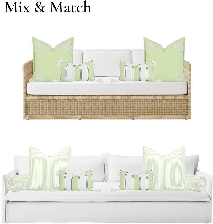 Hofdeco Premium Coastal Hampton Outdoor Performance Lumbar Pillow Cover Only, 12"x20" Water Repellent, UV and Fade Resistant for Backyard, Couch, Poolside, Grass Green Woven Harbor Stripes