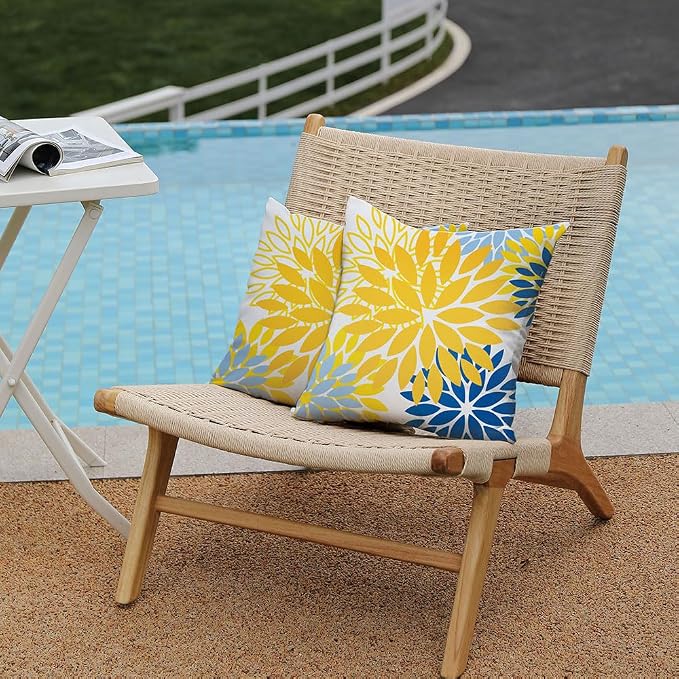 DFXSZ Outdoor Waterproof Pillow Covers 20x20 Set of 2 Yellow Blue Flower | Spring Summer Waterproof Flower Throw Pillowcases（No Inserts）Outdoor Decor for Patio Funiture Garden Polyester Covers