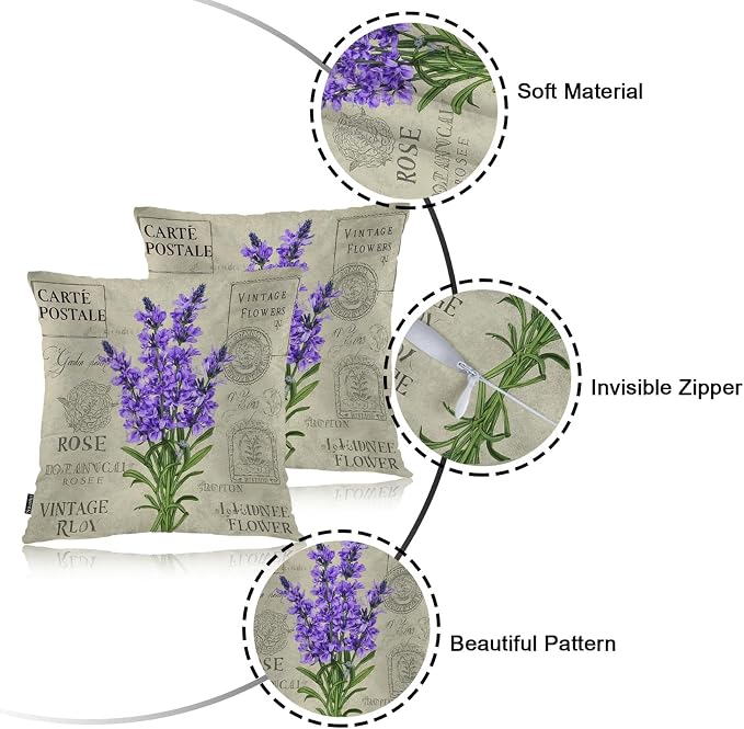 Swono Lavender Throws Pillows Covers for Couch, Violet Lavender Flowers Stamp Decorative Pillow Cases for Men Women, Purple Comfortable Pillow Cushion Cover Pack of 2 18"X18" for Home Sofa Bed