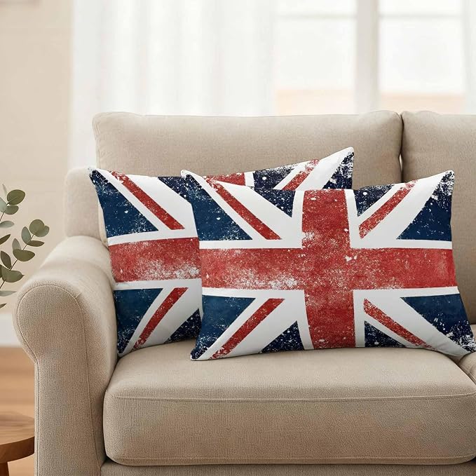 4th of July Outdoor Throw Pillows Covers 20x12 inch Set of 2 Waterproof British Flag Decorative Zippered Cushion Covers for Patio Furniture, Vintage Mottled National Flag Lumbar Pillowcases
