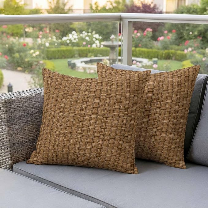 Vintage Rattan Waterproof Outdoor Pillow Covers 16''x16'' Set of 2, Minimalist Abstract Wicker Texture Brown Patio Furniture Cushion Covers for Chairs, Decorative Pillow Cases for Garden/Pool/Beach