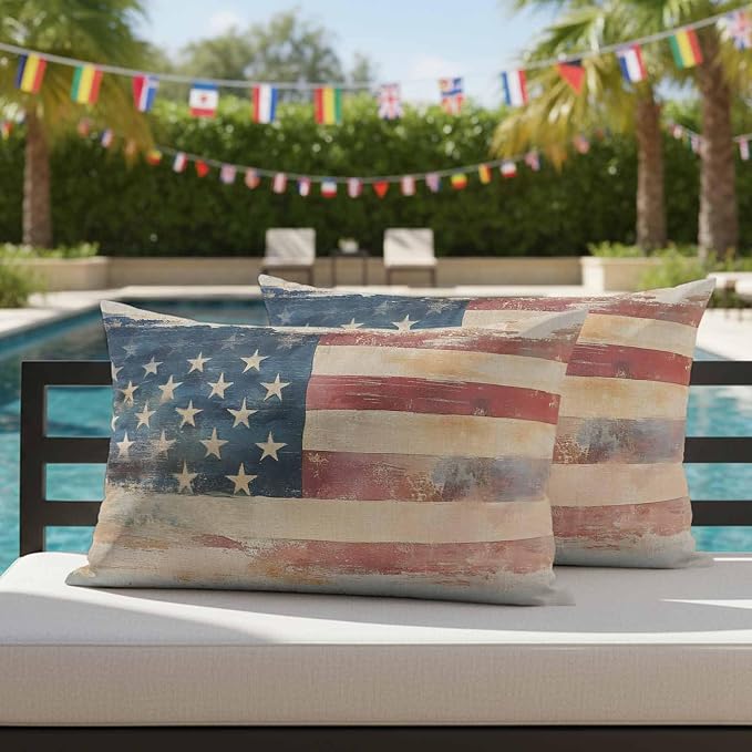 Independence Day Outdoor Pillow Covers 20"x12" Set of 2, Retro Country USA Flag Memorial Day Waterproof Throw Pillow Covers for Patio Furniture, Decorative Cushion Covers for Porch