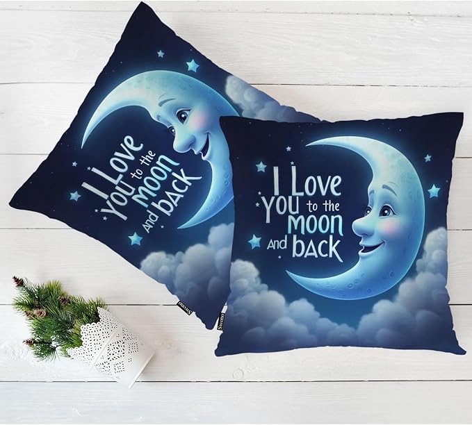 Swono Moon Blue Pack of 2 Throw Pillow Cases, I Love You The Moon and Back Cozy Pillow Cover Square 18"X18" Cushion Case Set Pillowcase Decorative for Home Sofa Bedroom Car Office, Love Phrase