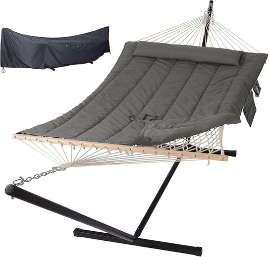 SUNCREAT Rope Hammock with Stand and Rain Cover