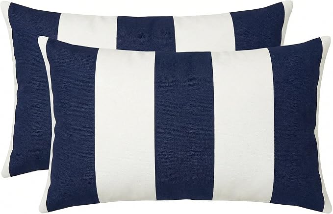 RSH DECOR: Sunbrella Lumbar Throw Pillows Set of 2 | 20" x 12" | Water & Fade-Resistant | Outdoor Pillow Covers with Down-Alternative Inserts | Made in USA (Cabana Midnight Navy Stripe)