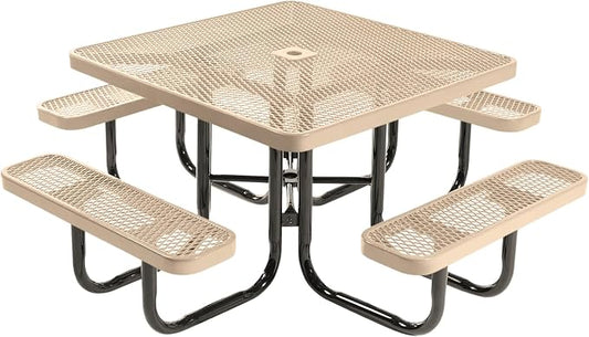 COATEDOUTDOORFURNITURE Heavy-Duty Portable Outdoor Picnic Table with Umbrella Hole, Expanded Metal Commercial-Grade Patio Dining Furniture Made in America (46" Square Top, Tan)
