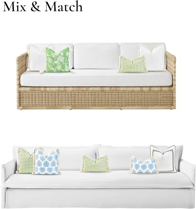 Hofdeco Premium Coastal Patio Indoor Outdoor Lumbar Pillow Cover Only, 12"x20" Water Resistant for Backyard, Couch, Green Gingham Fringe