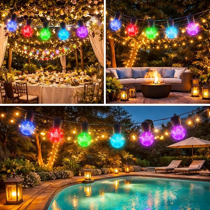 FREECUBE 50FT Solar String Lights Outdoor Waterproof, 25LEDs G40 Globe Shatterproof Bulbs,Warm White & Multicolor,8 Modes,Timer, Solar Powered Patio Lights for Backyard, Porch, Garden, Wedding Decor