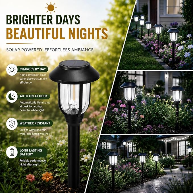 Solar Lights Outdoor 8 Pack, Cool White Solar Pathway Lights, Auto On/Off,Waterproof Solar Powered LED Landscape Lighting for Path Walkway Driveway Yard Garden Patio