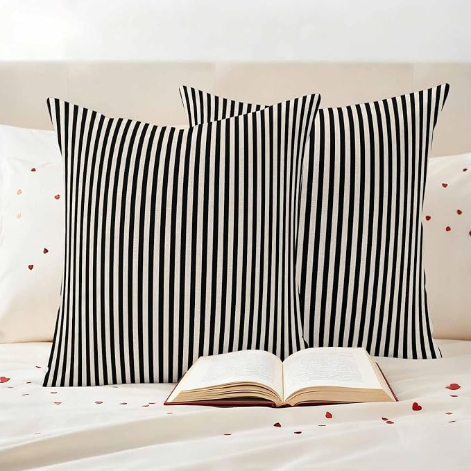 Black Beige Stripe Outdoor Pillow Covers Set of 2 Vintage Abstract Classic Minimalist Vertical Striped Waterproof Throw Pillow Cover Decorative Cushion Cases for Patio Porch Garden 16X16 Inch