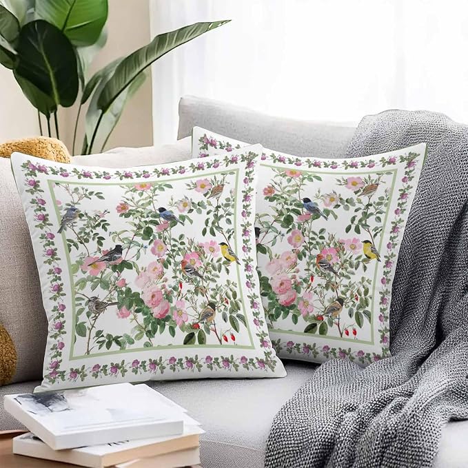 Vandarllin Outdoor Throw Pillows Covers 24x24 inch Set of 2 Waterproof Pink Floral Bird Decorative Zippered Cushion Covers for Patio Furniture, Green Leaves Branches Lumbar Pillowcases