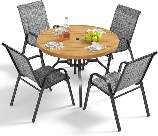 Outdoor Patio Dining Set for 4, 5 Pieces Patio Table and Chairs Set with Umbrella Hole, 41"x 41" Round Metal Wood-Grain Dining Table Set with 4 Stackable Patio Chairs for Deck , Backyard, Porch