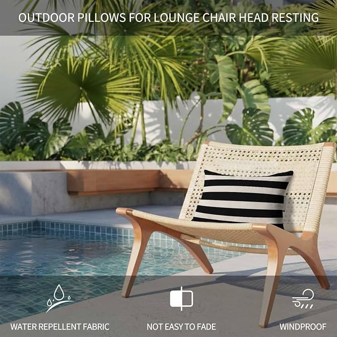 Modern Stripes Lines Outdoor Head Pillows for Recliner Lounge Chair,Pack of 2 Waterproof Throw Pillow Cushion Cases with Insert&Elastic Strap,Vintage Black and White Neck Pillow for Patio Beach