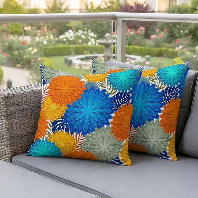Blue Sage Green Flowers Outdoor Pillow Covers Waterproof, All Weather Cushion Case Set of 2, Boho Colorful Floral Plant Decorative Pillowcases for Sofa Couch Bed Decor Patio Furniture 20"x20"