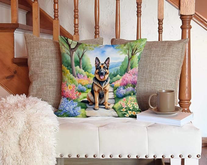 Caroline's Treasures German Shepherd Spring Path Throw Pillow Machine Washable, Indoor Outdoor Decorative Pillow for Couch, Bed or Patio, 14Hx14W