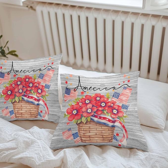 4th of July Floral Waterproof Outdoor Pillow Covers Set of 2 Home Decor, Patriotic Star Stripe Flag Grey Wood Pillowcase Patio Pillow Covers for Couch Bench Furniture Garden 26x26in