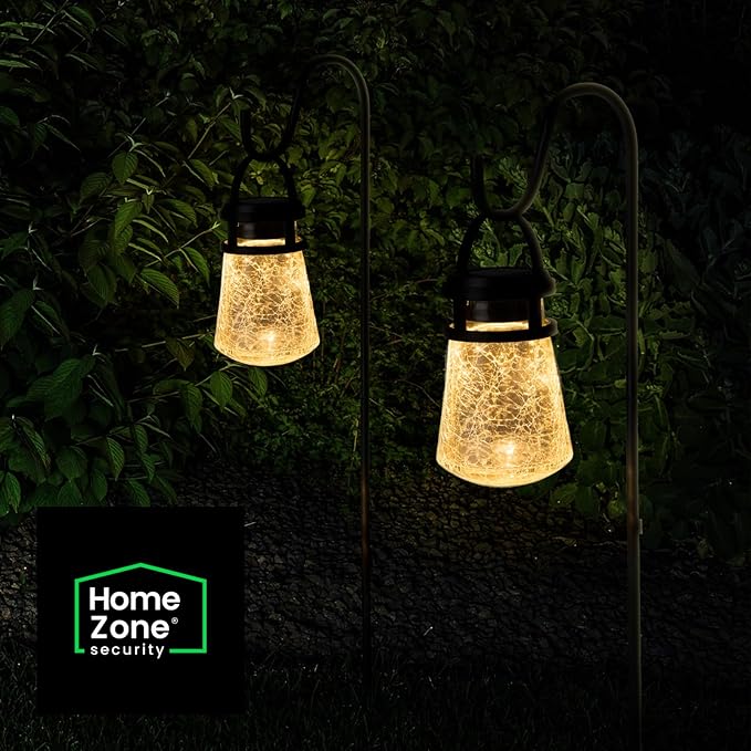 Home Zone Living 2PK Solar Crackle Glass Lanterns Hanging Light | Outdoor Waterproof 10 Lumens 3000K Decorative Large Garden LED Lights, Wiring for Patio Backyard Garden, Yard, Pathway