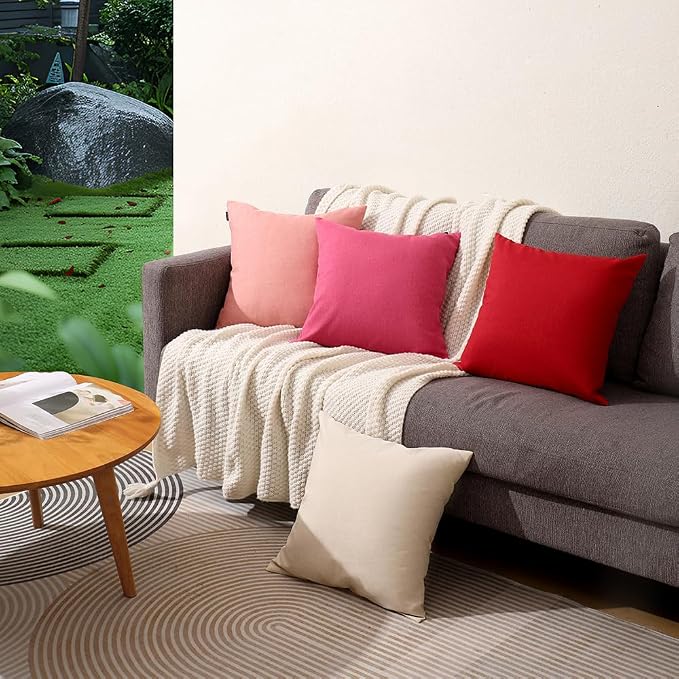 WEMEON Outdoor Waterproof Pillow Covers18x18in Set of 4, Solid Color Pillows Decorative Square Patio Furniture Pillows for Couch Patio Balcony Tent Garden(Red/Pink/Beige)
