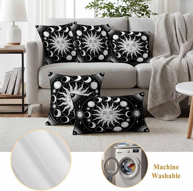 Celestial Sun and Moon Waterproof Outdoor Pillow Covers Set of 2 Home Decor, Black Starry Galaxy Boho Pillowcase Patio Pillow Covers for Couch Bench Patio Furniture Garden 16x16in