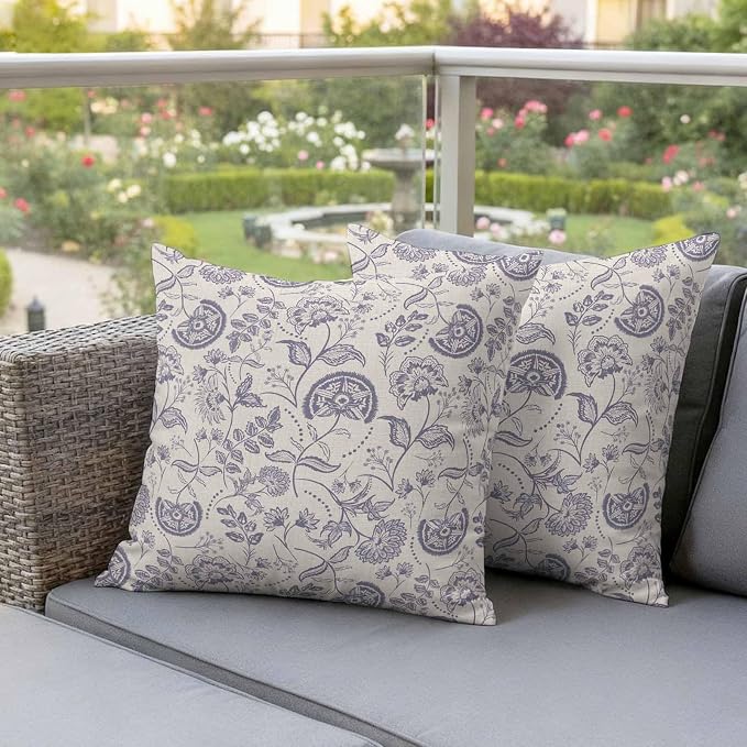 Outdoor Pillow Covers 18x18 Set of 2, Purple Fruit Waterproof Patio Throw Pillow Covers for Couch Sofa Chair, Country Retro Floral Botanical Plant Decorative Pillowcases for Throw Pillows