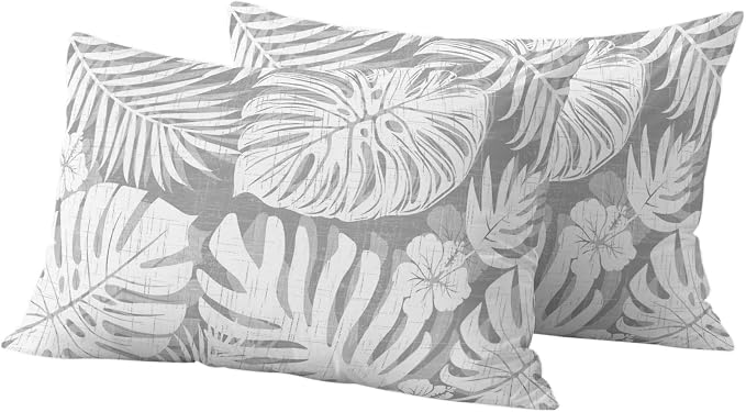 Light Grey Palm Leaves Outdoor Pillow Covers 20"x12" Set of 2, Tropical Botanical Modern Minimalist Waterproof Throw Pillow Covers for Patio Furniture, Decorative Cushion Covers for Porch
