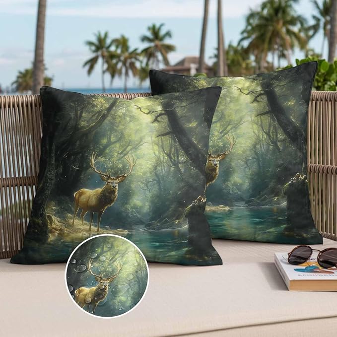 Green Forest Deer Waterproof Outdoor Pillow Covers Set of 2 Home Decor, Fantasy Vintage Nature Scenery Pillowcase Patio Pillow Covers for Couch Bench Furniture Garden 16x16in