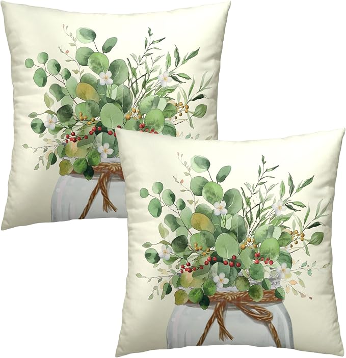 Eucalyptus Leaves Throw Pillow Covers 16x16, 2Pcs Green Leaf Plant Floral Mason Jar Decorative Pillow Cases Soft Cotton Square Cushion Cover for Bed Sofa Spring Season Home Decor