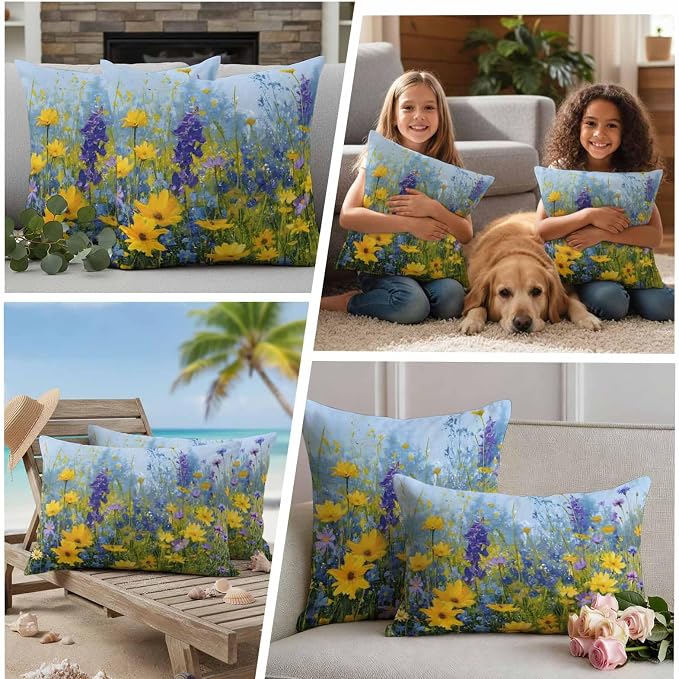 Outdoor Waterproof Pillow Covers for Patio Rustic Landscape Decorative Throw Pillow Cover Spring Wildflower Floral Yellow Blue Purple Pillowcases Set of 2 Cushion Case for Sofa Couch Chair 16x16 Inch