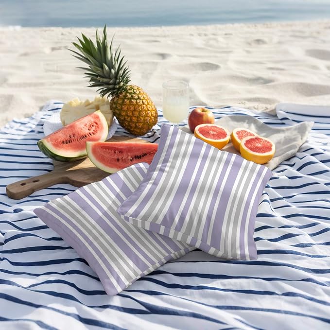 Light Purple Grey Stripe Outdoor Pillow Covers 24x24 Inch Throw Pillow Covers Set of 2 Waterproof Decorative Pillow Cases Farmhouse Minimalist Striped Cushion Covers for Patio Furniture Garden Couch