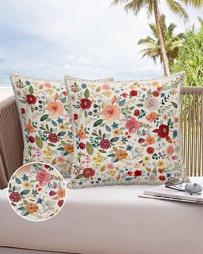 Vandarllin Outdoor Throw Pillows Covers 24x24 inch Set of 2 Waterproof Beige Floral Decorative Zippered Cushion Covers for Patio Furniture, Farmhouse Vintage Flower Lumbar Pillowcases
