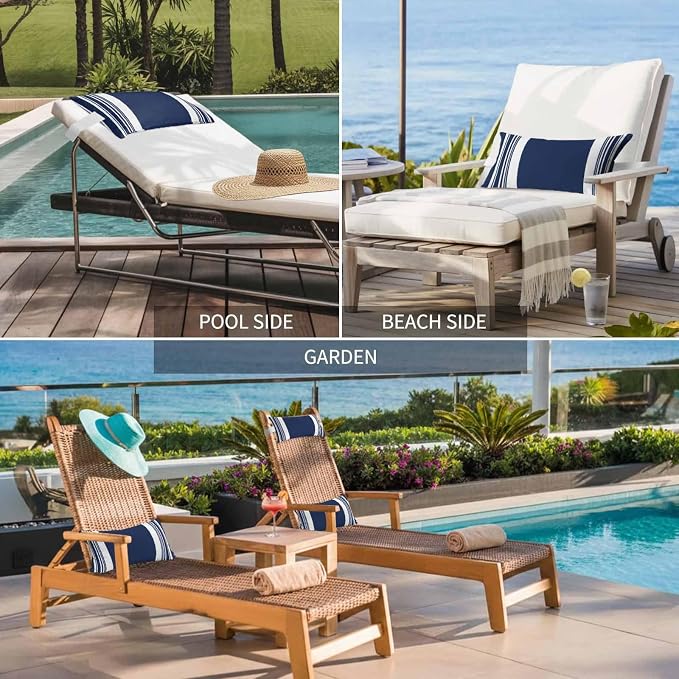 Outdoor Lumbar Pillow Set of 2, Farmhouse Navy Blue Waterproof Beach Headrest Pillow with Inserts, Aesthetic Modern Line Striped Recliner Throw Pillows for Patio Furniture, 11 x 16
