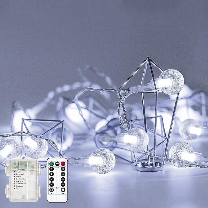 Metaku Cool White Globe String Lights Fairy Light 26ft 60LED & Remote | Battery Operated Indoor Outdoor Hanging String Lights Christmas Lights for Home Party Patio Garden Classroom Wedding