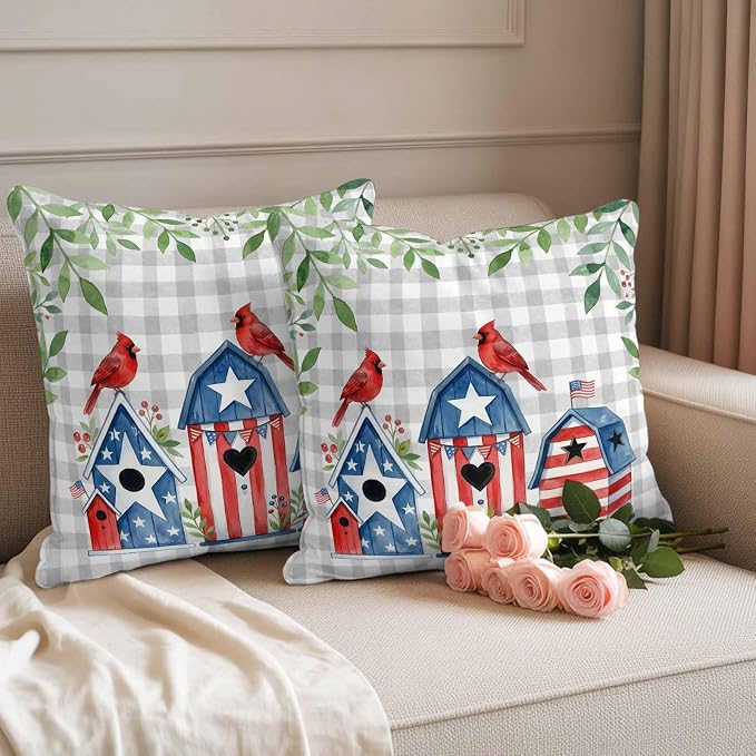 American Flag Bird House Outdoor Pillow Covers Waterproof, All Weather Cushion Case Set of 2, Green Eucalyptus Grey Plaid 250th Decorative Pillowcases for Sofa Couch Bed Decor Patio Furniture 16"x16"