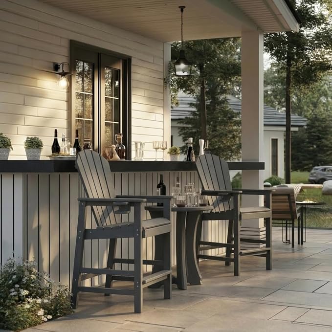 WILLIAMSPACE Patio Bar Chair Bar Stool, Outdoor All Weather HDPE Height Adirondack Chair with Armrests & Cup Holder, 1-Piece Counter Height Chair for Pool, Garden, Kitchen, ONLY 1 Chair (Grey)