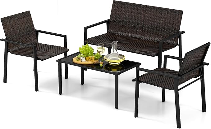 HAPPYGRILL 4 Pieces Outdoor Patio Wicker Furniture Set, Conversation Set with Coffee Table, PE Rattan Chairs with Galvanized Metal Frame for Small Space, Balcony, Poolside, Backyard (Mix Brown)