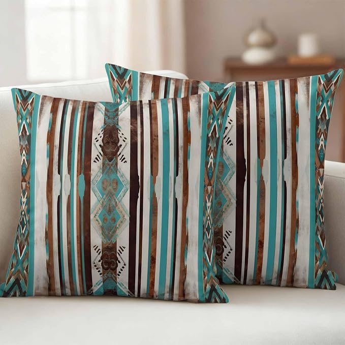 Ethnic Tribal Diamond Outdoor Pillow Covers 18"x18" Set of 2, Boho Abstract Teal Brown Stripes Diamond Waterproof Throw Pillow Covers for Patio Furniture, Decorative Cushion Covers for Porch