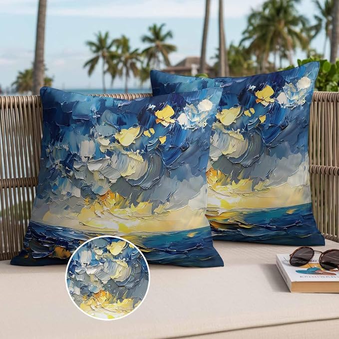 Modern Abstract Waterproof Outdoor Pillow Covers Set of 2 Home Decor, Blue Yellow Abstract Ombre Oil Painting Pillowcase Patio Pillow Covers for Couch Bench Furniture Garden 26x26in