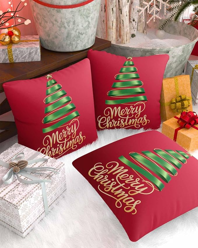 Red Christmas Tree Outdoor Pillow Covers 18 x 18 Inches, Green Xmas Tree with Star Waterproof Throw Pillow Cover Set of 2, Christmas Red Decorative Square Cushion Covers for Patio/Couch/Garden